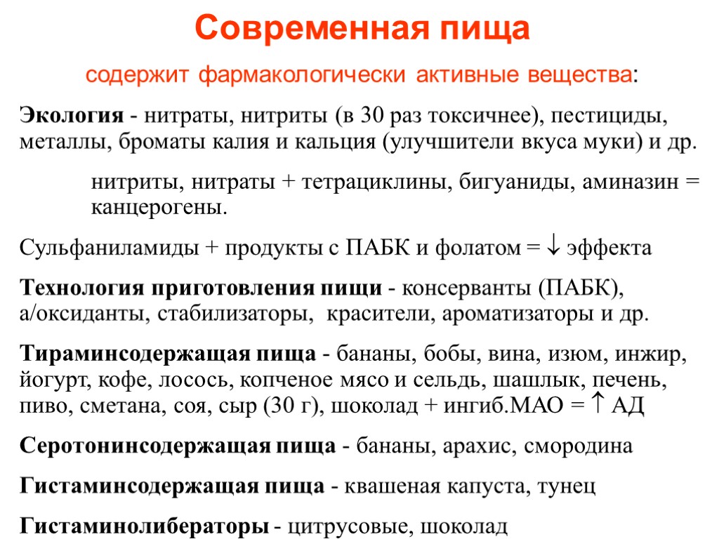 Современная пища содержит фармакологически активные вещества: Экология - нитраты, нитриты (в 30 раз токсичнее),